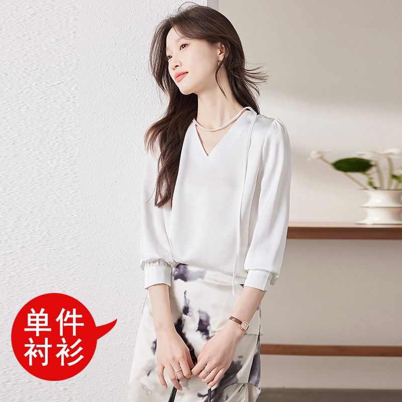 Elegant Long-Sleeve V-Neck Satin Shirt