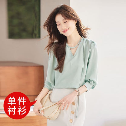 Elegant Long-Sleeve V-Neck Satin Shirt
