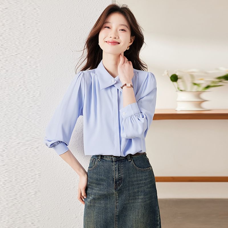 Collared Satin Button-Up with Long Sleeves