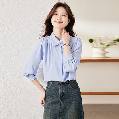 Collared Satin Button-Up with Long Sleeves