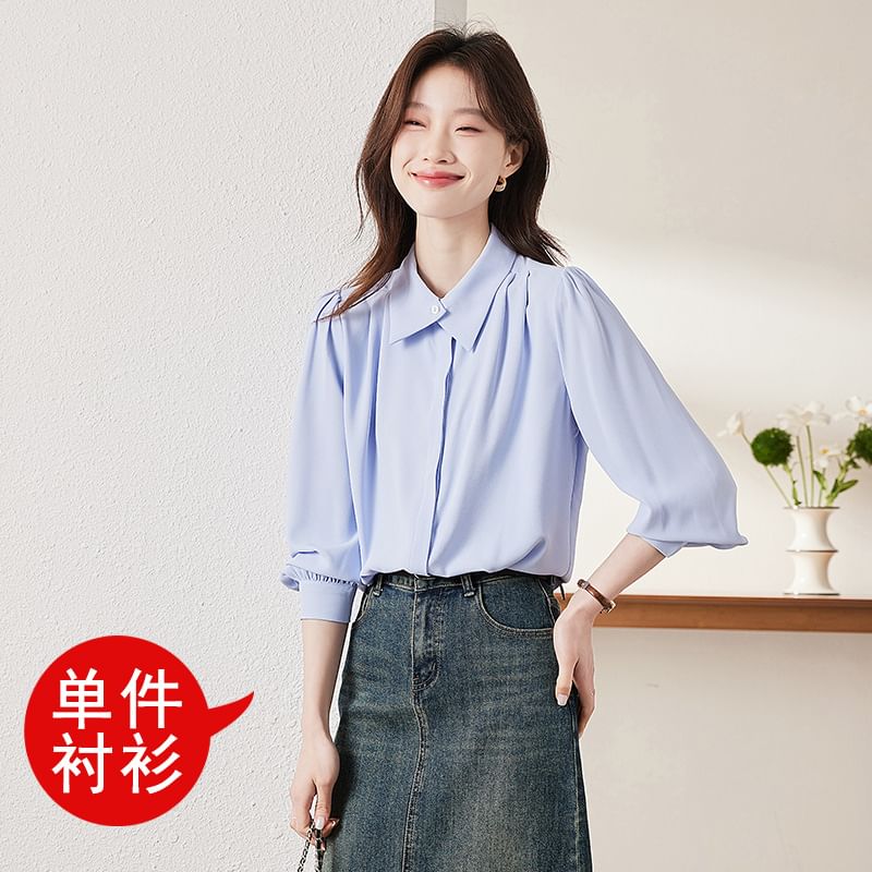 Collared Satin Button-Up with Long Sleeves
