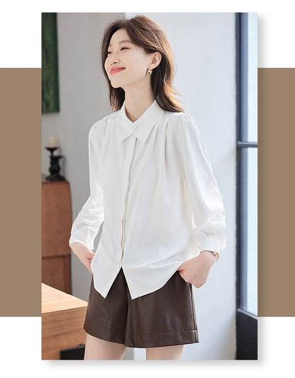 Collared Satin Button-Up with Long Sleeves