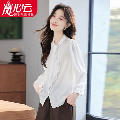 Chic Long-Sleeve Mandarin-Collar Satin Button Shirt