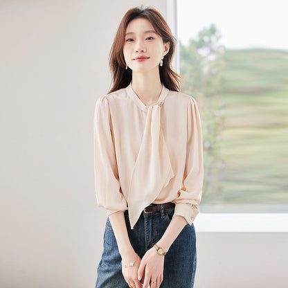 Chic Long-Sleeve Mandarin-Collar Satin Button Shirt