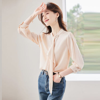 Chic Long-Sleeve Mandarin-Collar Satin Button Shirt
