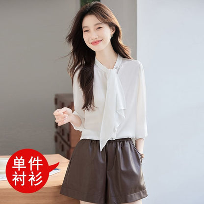 Chic Long-Sleeve Mandarin-Collar Satin Button Shirt