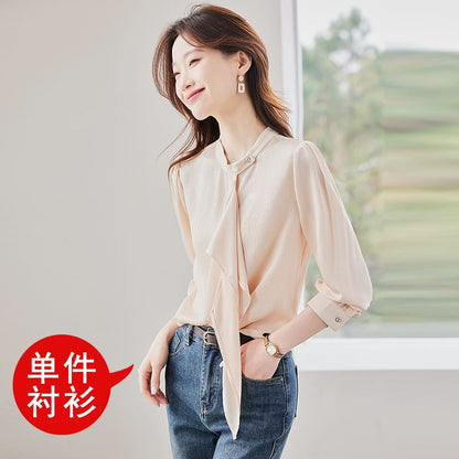 Chic Long-Sleeve Mandarin-Collar Satin Button Shirt