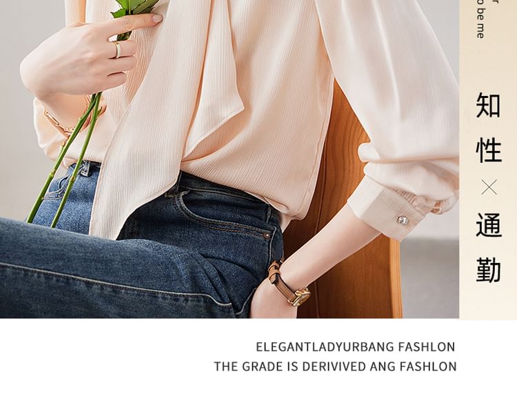 Chic Long-Sleeve Mandarin-Collar Satin Button Shirt