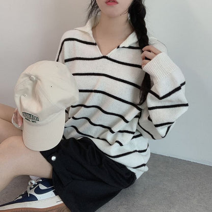 Striped V-Neck Sweater with Collar