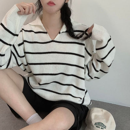 Striped V-Neck Sweater with Collar