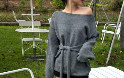 Asymmetric One-Shoulder Knit Sweater with Waist Tie