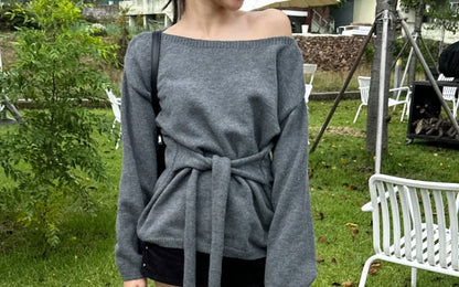 Asymmetric One-Shoulder Knit Sweater with Waist Tie