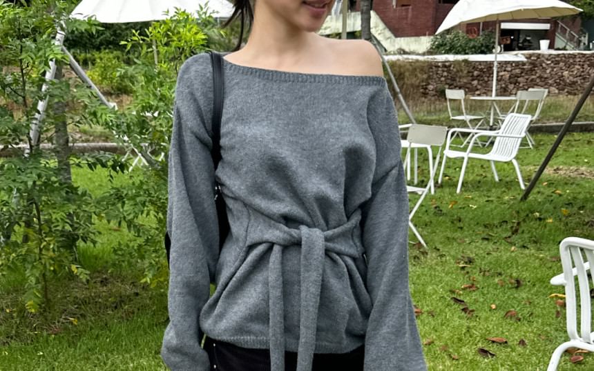 Asymmetric One-Shoulder Knit Sweater with Waist Tie