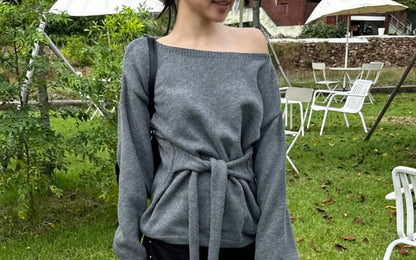 Asymmetric One-Shoulder Knit Sweater with Waist Tie
