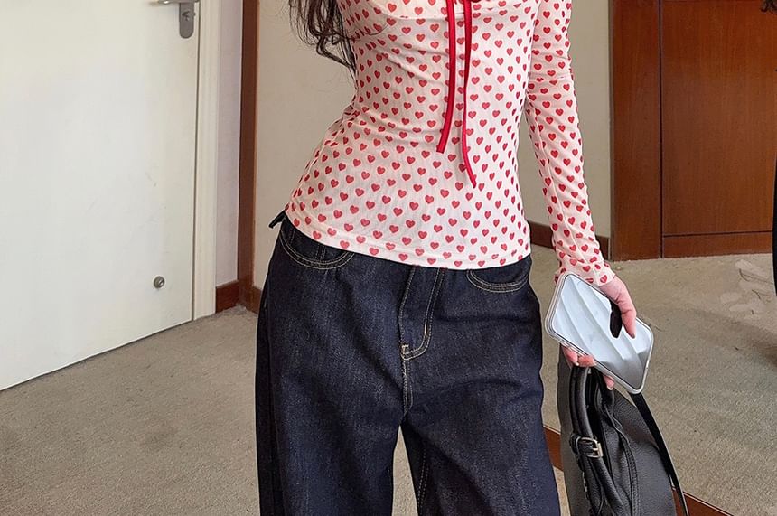 Heart Print Square Neck Bow Top with Long Sleeves