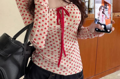 Heart Print Square Neck Bow Top with Long Sleeves