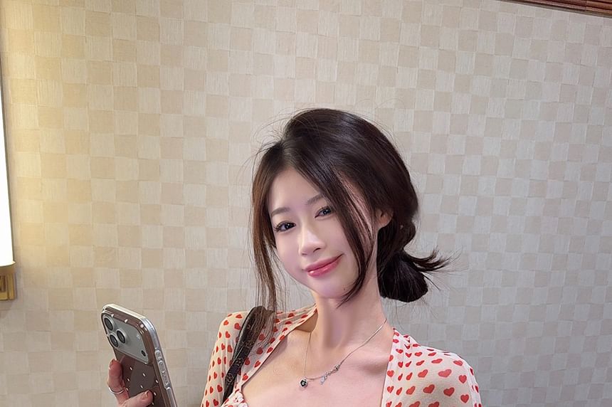 Heart Print Square Neck Bow Top with Long Sleeves