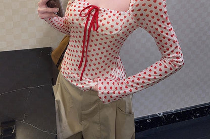Heart Print Square Neck Bow Top with Long Sleeves
