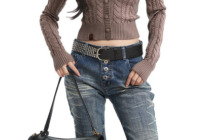 Off-Shoulder Knit Cable Sweater with Buttons