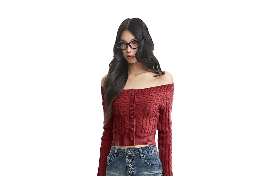 Off-Shoulder Knit Cable Sweater with Buttons