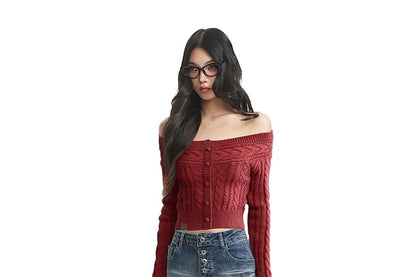 Off-Shoulder Knit Cable Sweater with Buttons