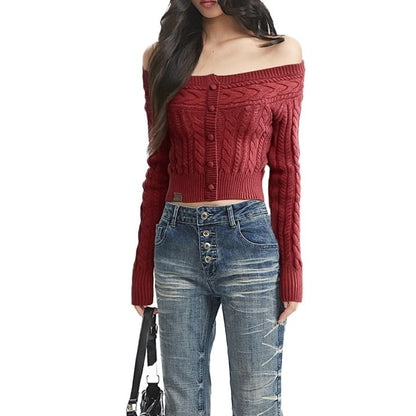 Off-Shoulder Knit Cable Sweater with Buttons