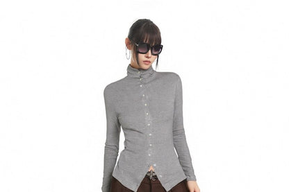 Elegant Long-Sleeve High-Collar Buttoned Blouse