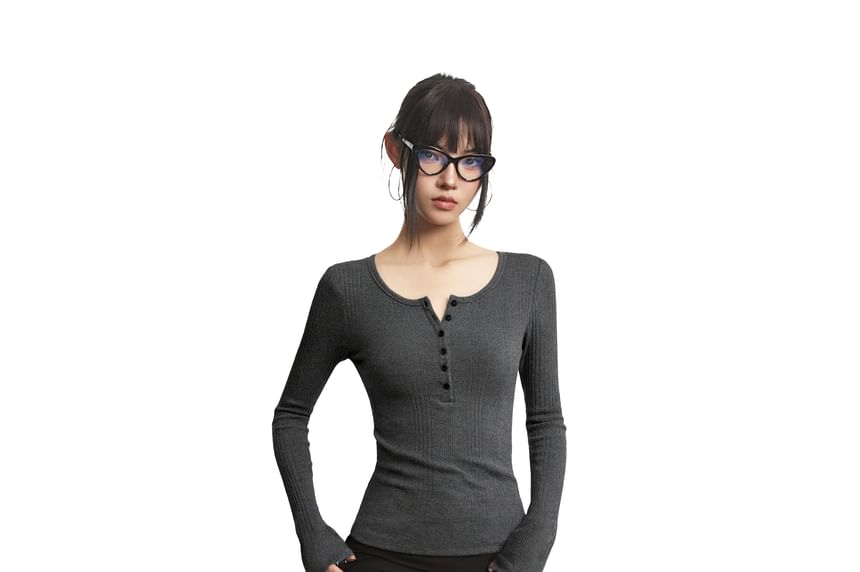Henley-Style Ribbed Top with Long Sleeves