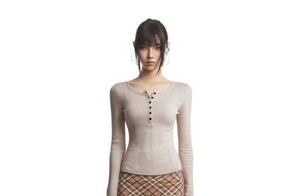 Henley-Style Ribbed Top with Long Sleeves