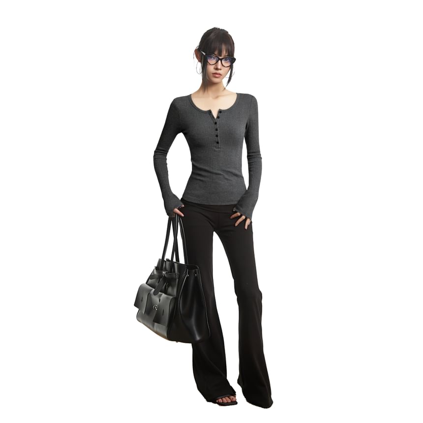 Henley-Style Ribbed Top with Long Sleeves