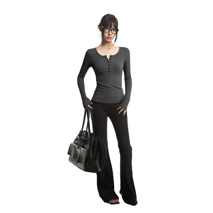 Henley-Style Ribbed Top with Long Sleeves