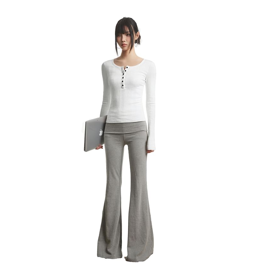 Henley-Style Ribbed Top with Long Sleeves