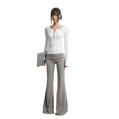 Henley-Style Ribbed Top with Long Sleeves