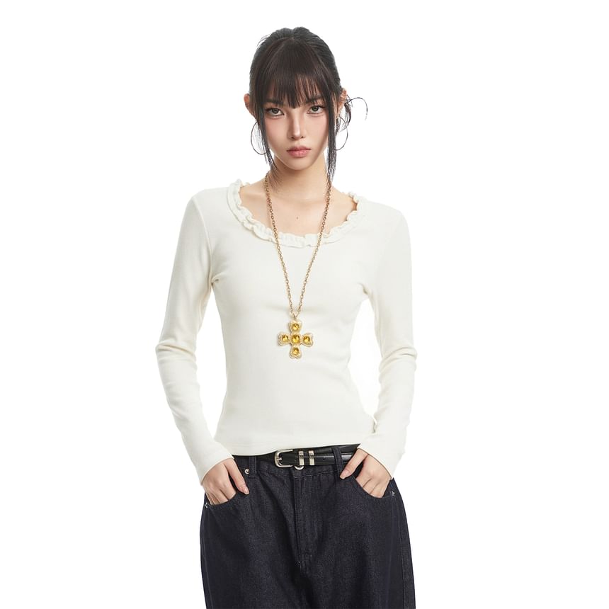 Scoop Neck Ruffle Top with Long Sleeves