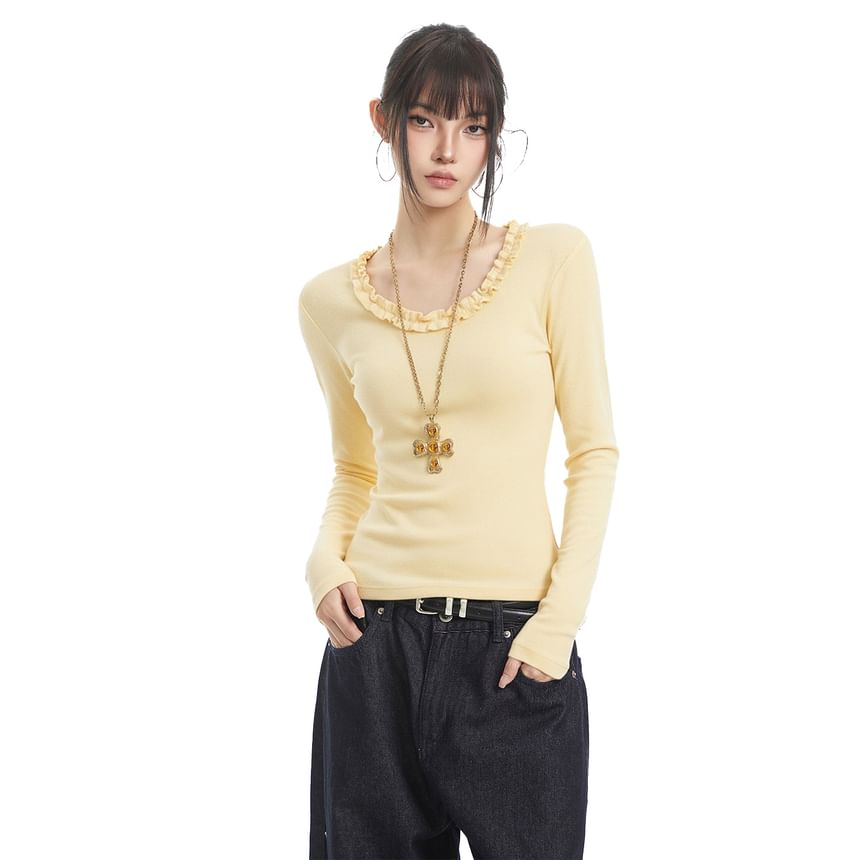 Scoop Neck Ruffle Top with Long Sleeves