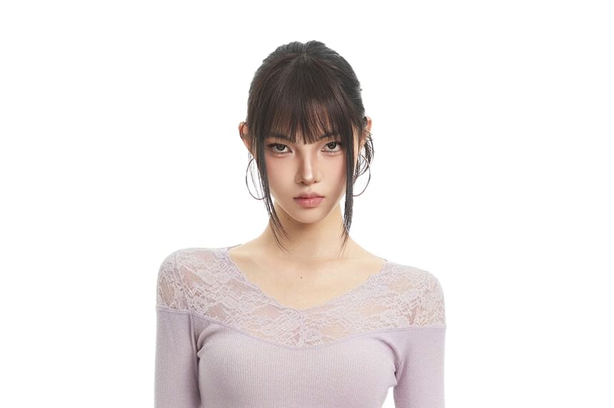 V-Neck Lace-Panel Top with Extended Sleeves