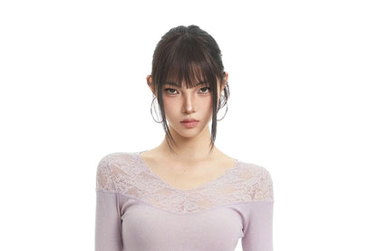 V-Neck Lace-Panel Top with Extended Sleeves