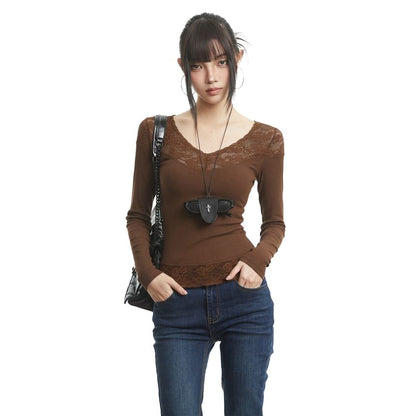 V-Neck Lace-Panel Top with Extended Sleeves