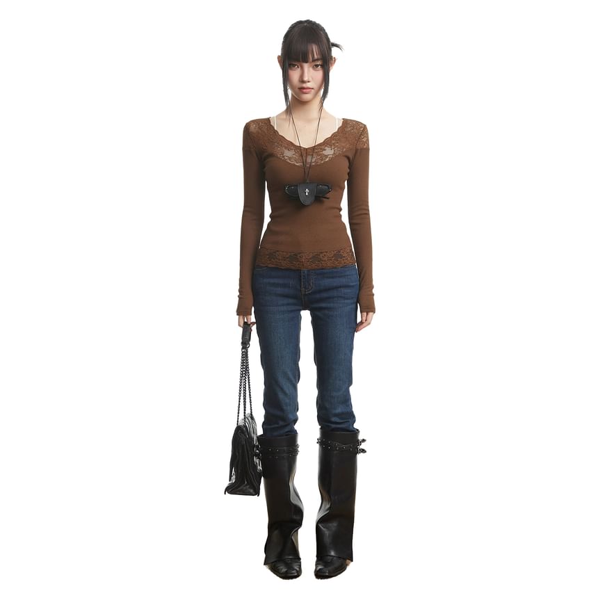 V-Neck Lace-Panel Top with Extended Sleeves