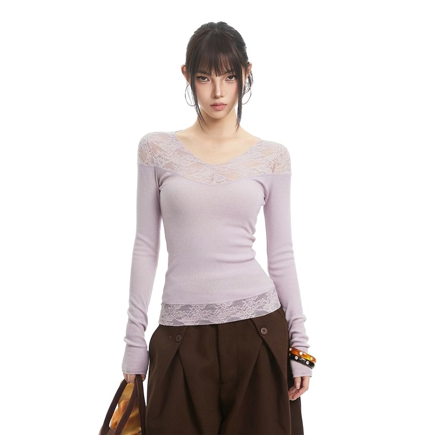 V-Neck Lace-Panel Top with Extended Sleeves