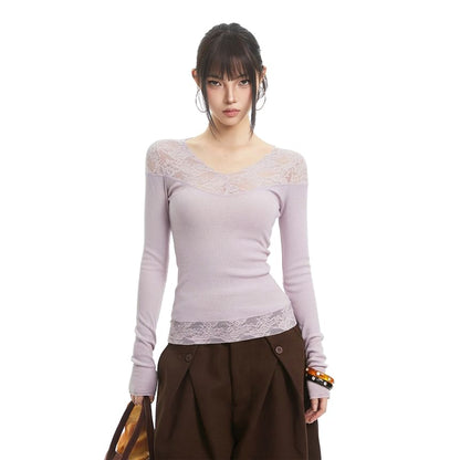 V-Neck Lace-Panel Top with Extended Sleeves