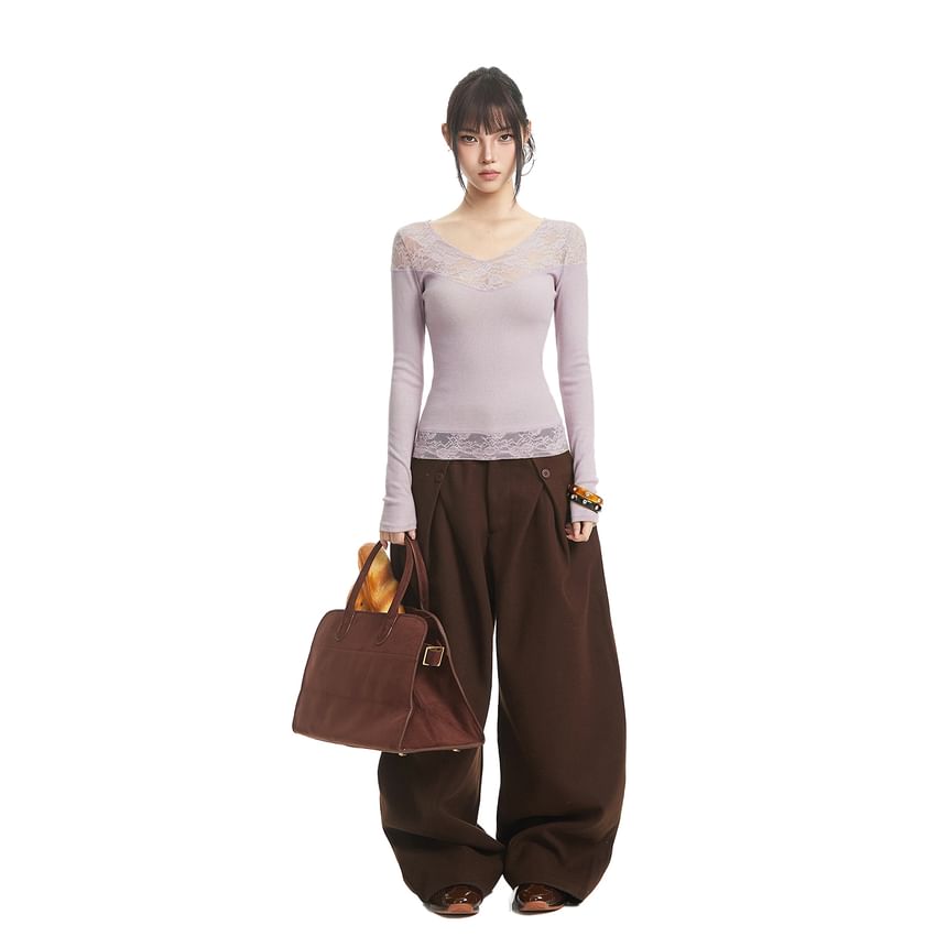 V-Neck Lace-Panel Top with Extended Sleeves