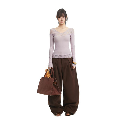 V-Neck Lace-Panel Top with Extended Sleeves