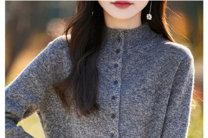 Mock Neck Plain Button Up Cardigan