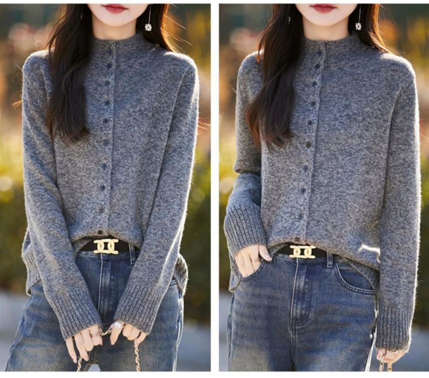 Mock Neck Plain Button Up Cardigan