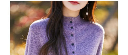 Mock Neck Plain Button Up Cardigan