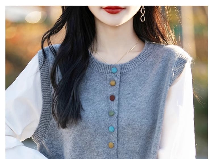 Round Neck Mock Two Piece Button Up Cardigan