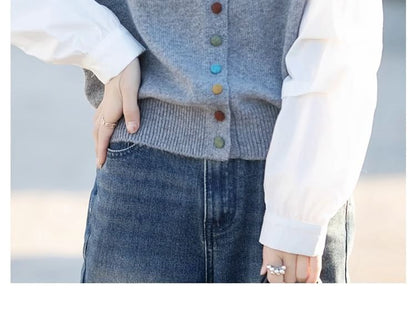 Round Neck Mock Two Piece Button Up Cardigan