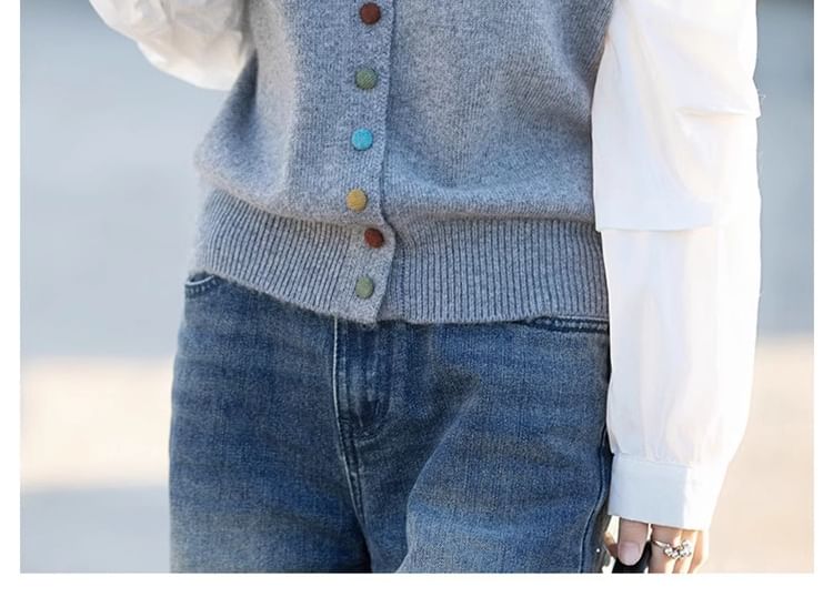 Round Neck Mock Two Piece Button Up Cardigan