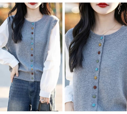 Round Neck Mock Two Piece Button Up Cardigan